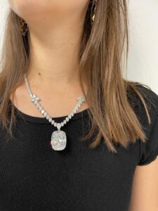 A rare, one-of-a-kind diamond necklace for that special customer that is looking for that one unique jewelry piece. The center diamond is 50.06ct D color, VS1 clarity set in a platinum setting. The necklace is set with pear shape and round diamonds = 25 pieces Pear shape diamonds 12.56cttw plus 84 round diamonds 18.01cttw D/E/F color, VS/VVS