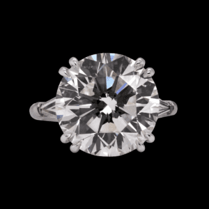 9.92CT ROUND BRILLIANT, K, SI1 set in Platinum ring with 2 Baguette side diamonds = 0.67cttw